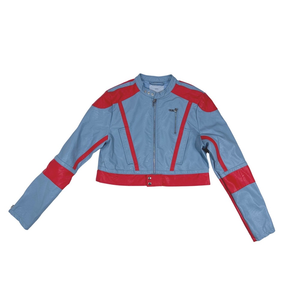 VIAVIA Vegan Crop Moto Jacket Blue Red Faux Leather Racing Biker Womens Size M